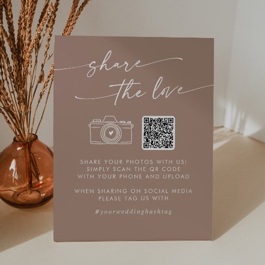 Boho Chic Neutral Taupe Deel de Liefde QR Code Reclamebord Met Voetstuk