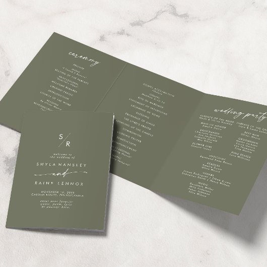 Boho Chic Olijf Groen Monogram Bruiloft Drieluik Programma