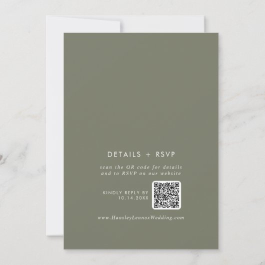 Boho Chic Olijf Groen Monogram QR Code Bruiloft Kaart (Achterkant)