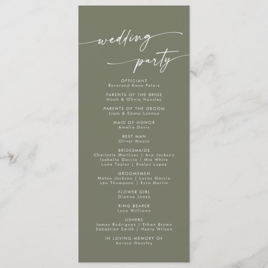 Boho Chic Olijf Groene Thee Lengte Bruiloft Programmakaart (Achterkant)
