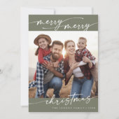 Boho Chic Olijfgroen Familiefoto Schattigee Kerst Feestdagenkaart (Voorkant)