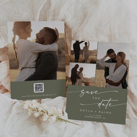 Boho Chic Olijfgroen Multi Foto QR Code Save The Date