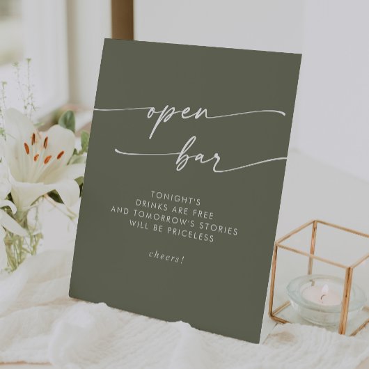 Boho Chic Olijfgroen Open Bar Trouwen Reclamebord Met Voetstuk