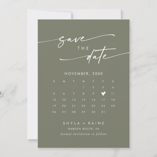 Boho Chic Olijfgroen QR Code Fotokalender Save The Date (Voorkant)