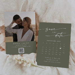 Boho Chic Olijfgroen QR Code Fotokalender Save The Date