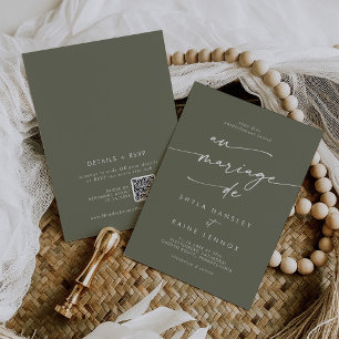 Boho Chic Olijfgroen QR Code Franse bruiloft Kaart