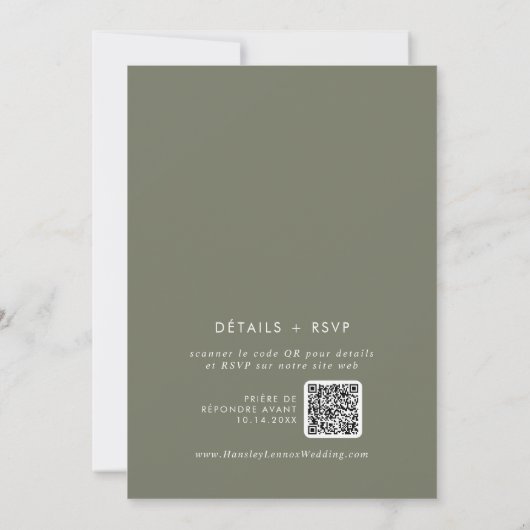 Boho Chic Olijfgroen QR Code Franse bruiloft Kaart (Achterkant)