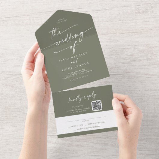 Boho Chic Olijfgroen QR Code Mail in Bruiloft All In One Uitnodiging (Afscheurbaar)