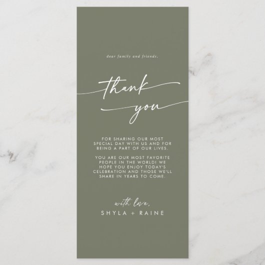 Boho Chic Olive Green Bedankt Place Card Menu (Voorkant)