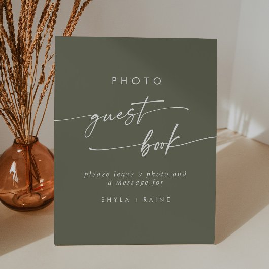 Boho Chic Olive Green Foto Gastboek Trouwen Reclamebord Met Voetstuk