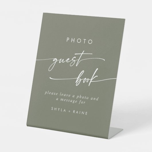 Boho Chic Olive Green Foto Gastboek Trouwen Reclamebord Met Voetstuk (Voorkant)