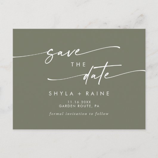 Boho Chic Olive Groen Bruiloft Save the Date Uitnodiging Briefkaart (Voorkant)