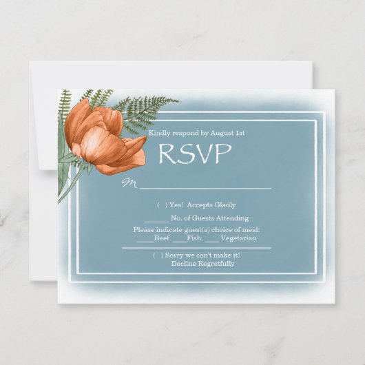 Boho Chic Oranje Florals Smokey Blue RSVP (Voorkant)