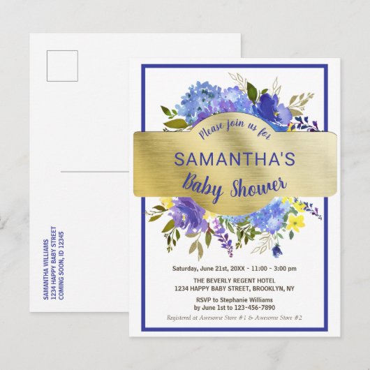Boho Chic Paars Floral Gold Baby shower Uitnodiging Briefkaart (Voorkant / Achterkant)