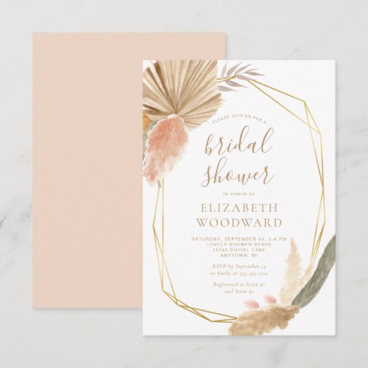 Boho Chic Pampas Gras Gouden Lijst Bruidsdouche Kaart (Voorkant / Achterkant)