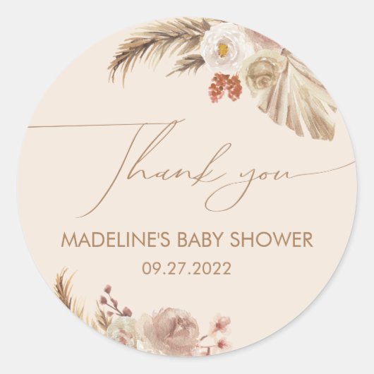 Boho Chic Pampas Grass Baby shower Dank u Ronde Sticker (Voorkant)
