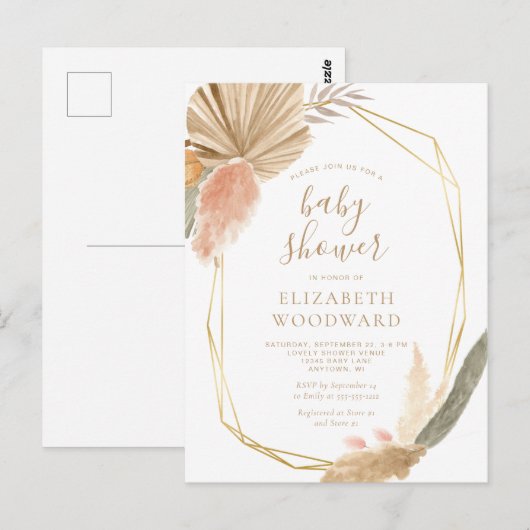 Boho Chic Pampas Grass Baby shower Uitnodiging (Voorkant / Achterkant)