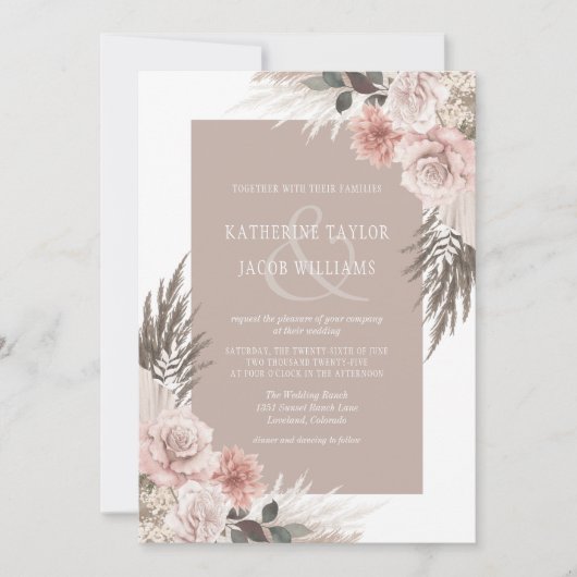 Boho Chic Pampas Grass Beige Floral Wedding Kaart (Voorkant)