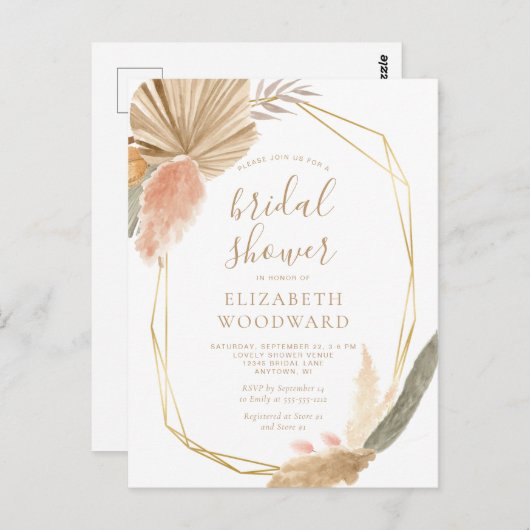 Boho Chic Pampas Grass Bridal Shower Invitation Briefkaart (Voorkant / Achterkant)