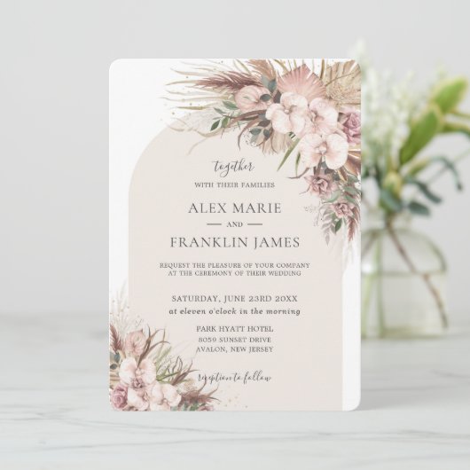 Boho Chic Pampas Grass Orchid Floral Arch Wedding Kaart (Staand voorkant)