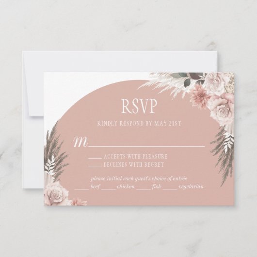 Boho Chic Pampas Grass Pink Sage Floral Wedding RSVP Kaartje (Voorkant)