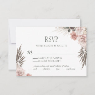 Boho Chic Pampas Grass Pink Sage Floral Wedding RSVP Kaartje