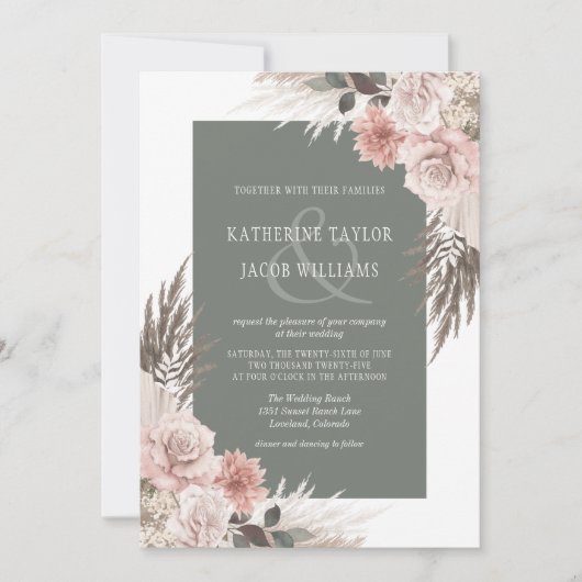 Boho Chic Pampas Grass Sage Green Floral Wedding Kaart (Voorkant)