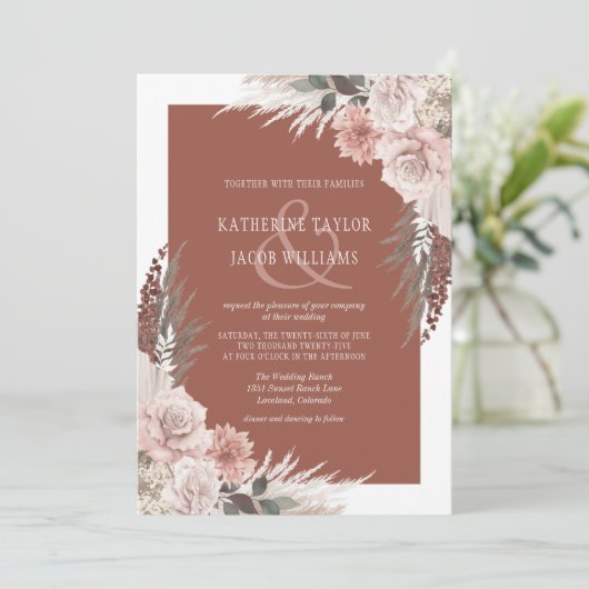 Boho Chic Pampas Grass Terracotta Floral Wedding Kaart (Staand voorkant)
