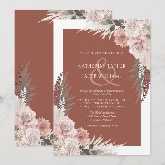 Boho Chic Pampas Grass Terracotta Floral Wedding Kaart (Voorkant / Achterkant)