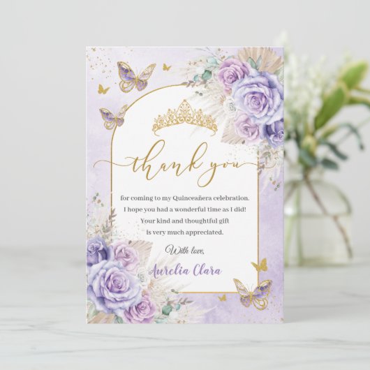 Boho Chic Pampas Paarse Lila Bloemen Quinceañera Bedankkaart (Staand voorkant)