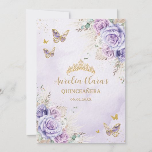 Boho Chic Pampas Paarse Lila Bloemen Quinceañera Bedankkaart (Achterkant)