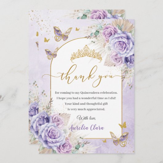 Boho Chic Pampas Paarse Lila Bloemen Quinceañera Bedankkaart (Voorkant / Achterkant)