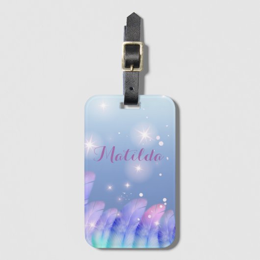 Boho Chic Pastel Paars Pink Feathers Sparkles Bagagelabel (Voorkant (verticaal))