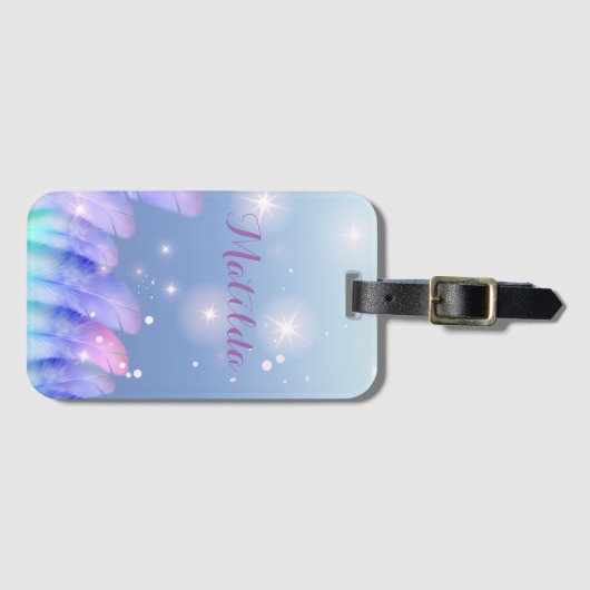 Boho Chic Pastel Paars Pink Feathers Sparkles Bagagelabel (Voorkant (horizontaal))