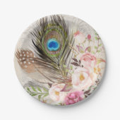 Boho Chic Peacock Feather and Rozen Paper Bord (Voorkant)