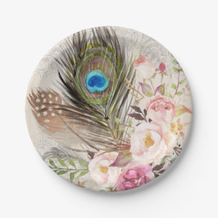 Boho Chic Peacock Feather and Rozen Paper Bord