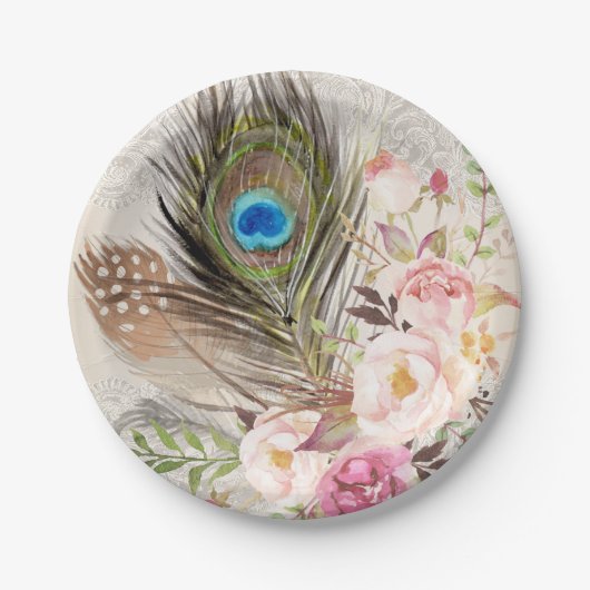 Boho Chic Peacock Feather and Rozen Paper Bord (Voorkant)