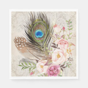 Boho Chic Peacock Feather and Rozen Paper Napkin Servet