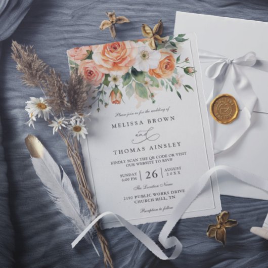 Boho Chic Perzik en Witte Bloemen QR Code Bruiloft Kaart
