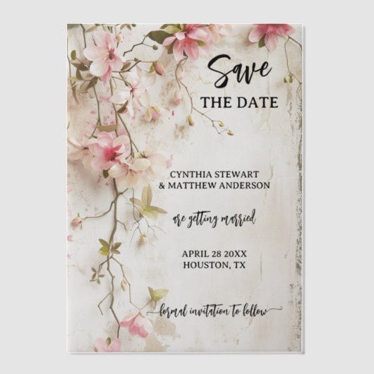 Boho Chic Pink Floral Bewaar de datum Vellum Uitnodigingen (Voorkant)