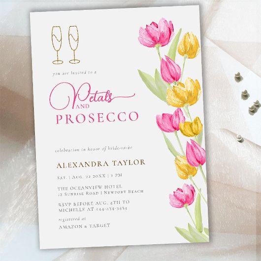 Boho Chic Pink Yellow Tulips Gold Petals Prosecco Kaart