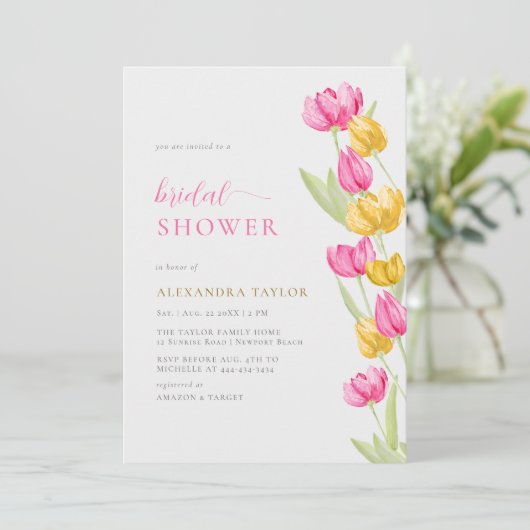 Boho Chic Pink Yellow Tulips Spring Vrijgezellenfe Kaart (Staand voorkant)