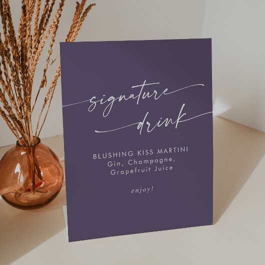 Boho Chic Plum Paarse bruiloft handtekening Drink Reclamebord Met Voetstuk