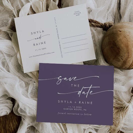 Boho Chic Plum Paarse bruiloft Save the Date Uitnodiging Briefkaart