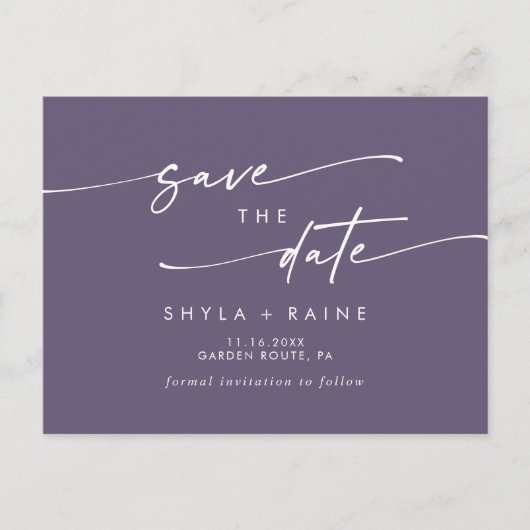 Boho Chic Plum Paarse bruiloft Save the Date Uitnodiging Briefkaart (Voorkant)