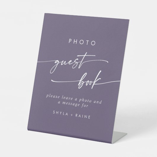 Boho Chic Plum Paarse foto gastenboek bruiloft Reclamebord Met Voetstuk (Voorkant)