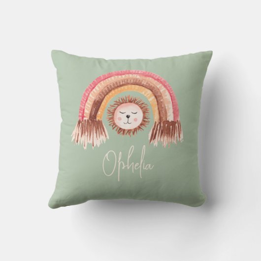 Boho Chic Rainbow Lion Baby Naam Sage Kussen (Achterkant)