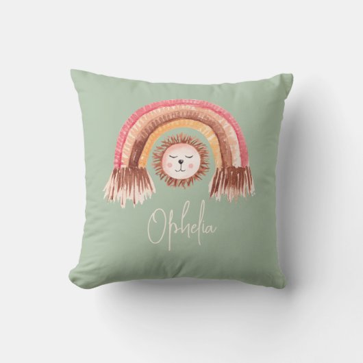 Boho Chic Rainbow Lion Baby Naam Sage Kussen (Voorkant)