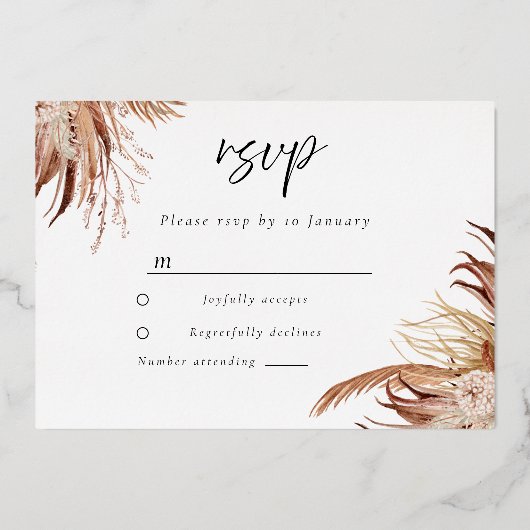 Boho Chic Real Roos Gold Foil Wedding RSVP Folie Uitnodiging (Achterkant)