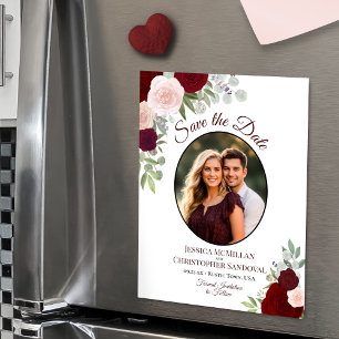 Boho Chic Red Floral & Photo Wedding Save the Date Magnetische Uitnodiging